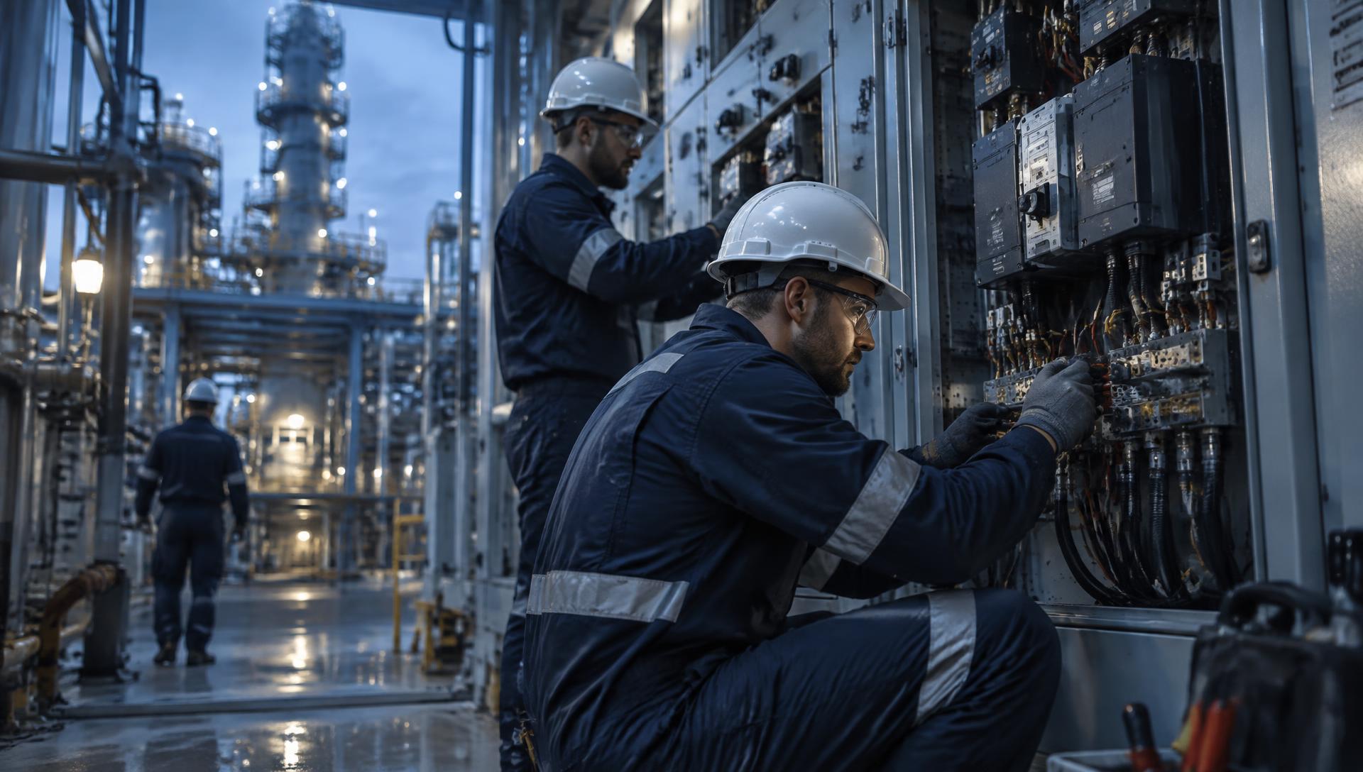 Ronco electricians working on switchgear at an industrial facility