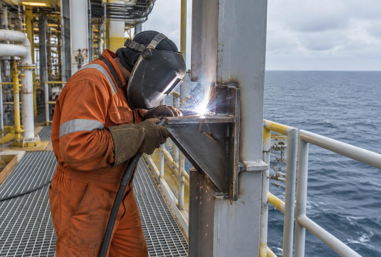Certified Ronco welder fabricating a steel bracket support on an offshore facility